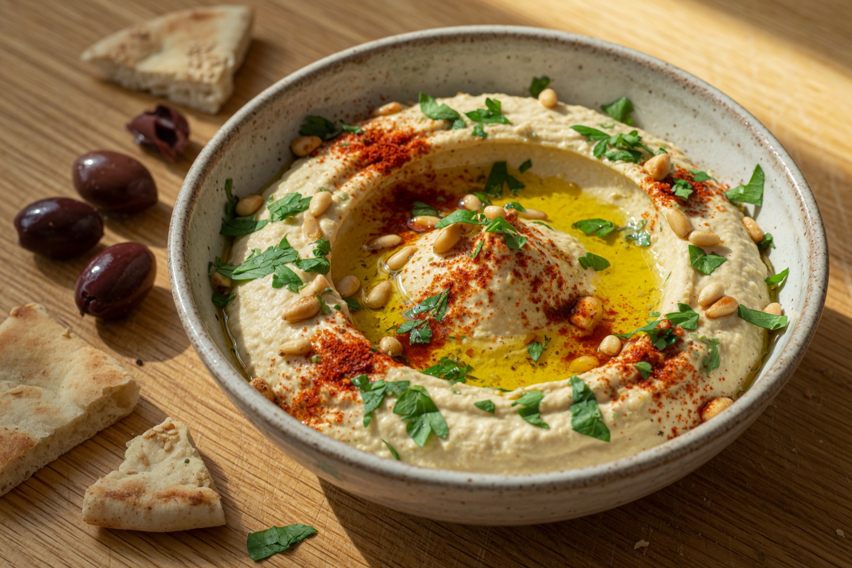 Close-up of creamy hummus served in small bowls.