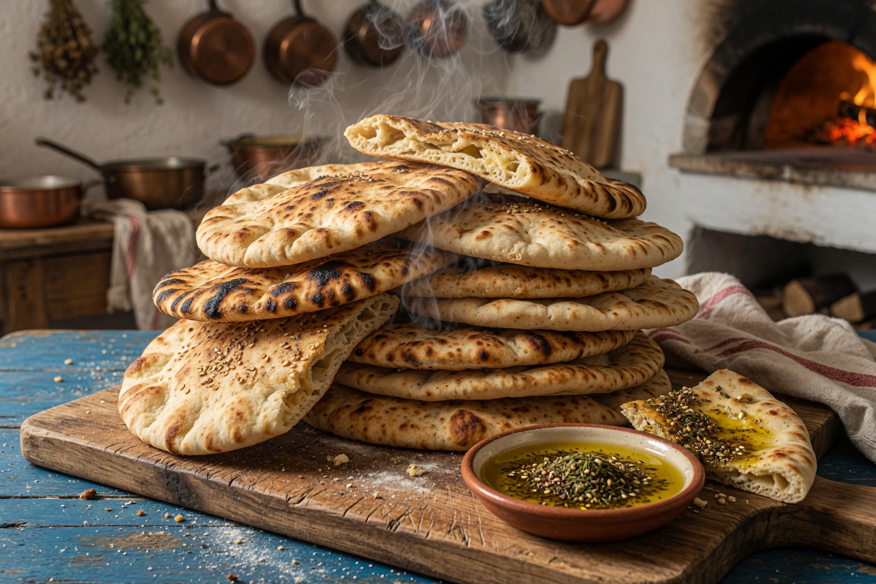 Warm flatbreads stacked on a wooden board.