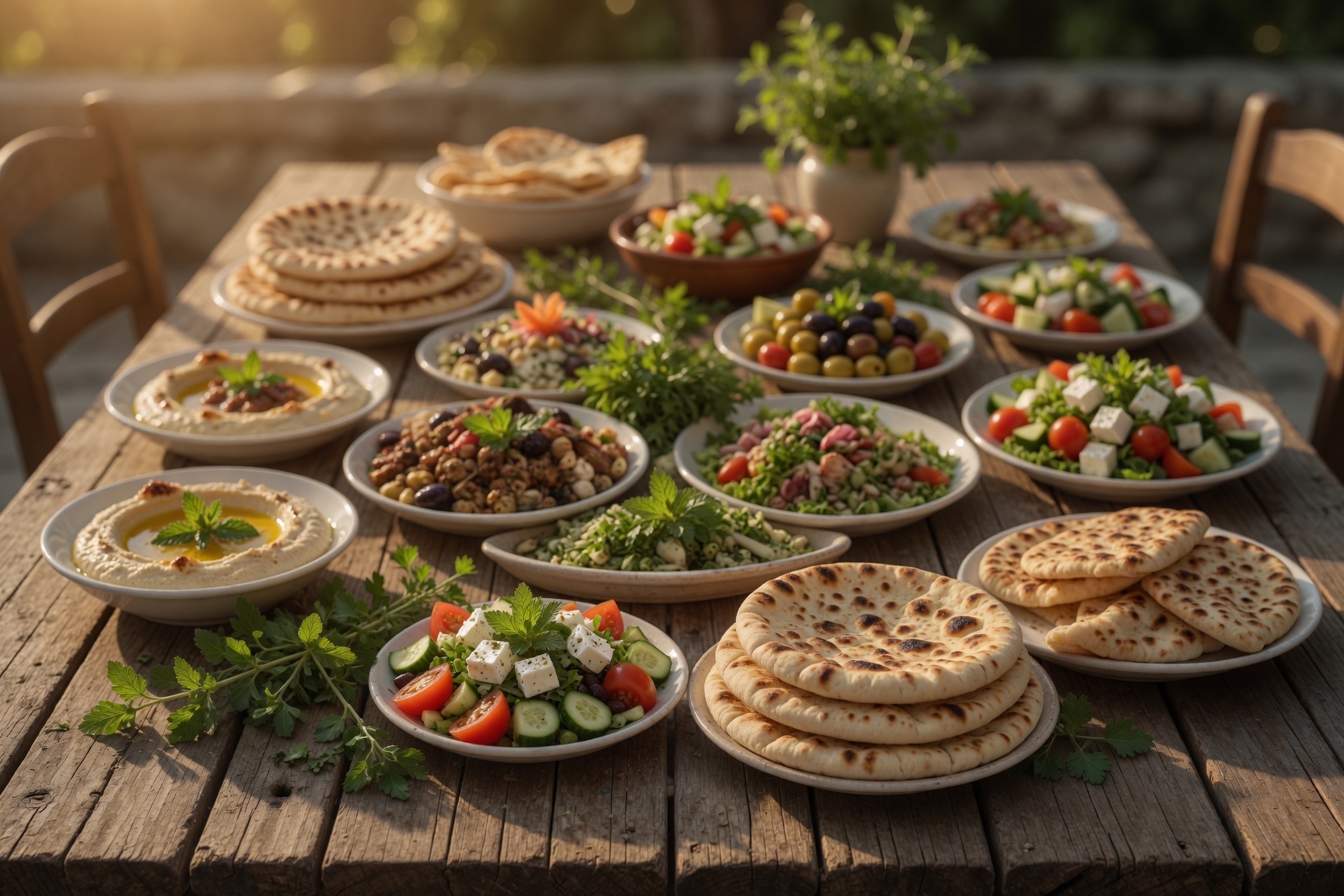 Table spread of falafel, dips, pita, and colorful mezze.